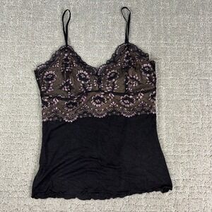Samantha Chang Pink Black Lace Trim Cami Top S Coquette Whimsigoth Babydoll Y2K